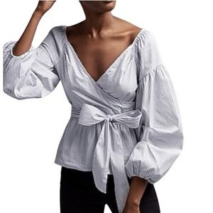 EXPRESS Belted Wrap Tie Top 3/4" Balloon Sleeves Cerulean Blue &‎ White NWOT  S